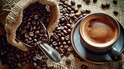 Poster - Close-up of a dark teal ceramic coffee cup full of black coffee, placed on a matching saucer.