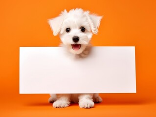 Canvas Print - White puppy dog holding blank sign on orange background