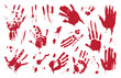 © MicroOne - Blood handprints. Stains of bloods, bloody fingerprints and palm prints. Horror or vampire bite. Criminal scene isolated elements, neoteric vector clipart