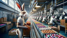 A Rabbit Involved In Easter Egg Packing In A Factory Line