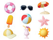 © MicroOne - Travel beach 3d render icons. Summer realistic elements, isolated ice cream, cocktail and sun umbrella. Holidays on sea, star fish and ball, pithy vector set