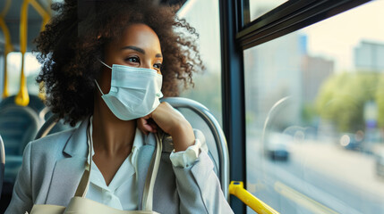 Young woman wearing a mask, sitting inside a bus or tram, looking out the window