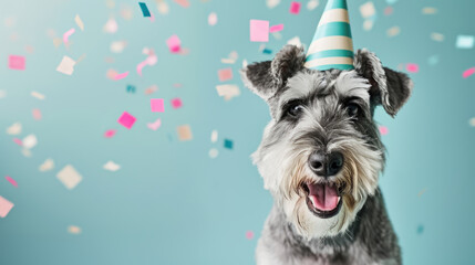 Canvas Print - Happy gray miniature schnauzer wearing a light blue party hat, with its mouth open in a joyful expression, surrounded by colorful confetti against a teal background.