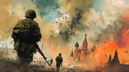 Fictional War in Moscow, Russia with Military Soldiers, Generative AI