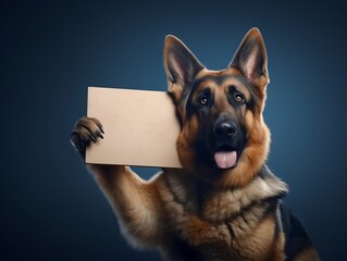 Poster - German shepherd dog holding a blank sign