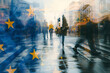 Double exposure of people rushing by and the European flag, European Union concept