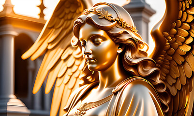 Gold angel statue in a cemetery. 3D render style.