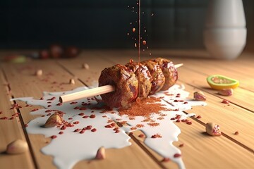 Wall Mural - Levitating wrapped adana kebab. Delicious and preparing meat with sauce. Generate AI