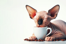 Cute Sleepy Sphinx Cat Drinks Coffee In The Morning Isolated On A White Background. Ai Generative