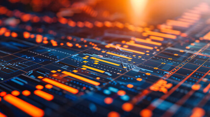 Computer Motherboard and Processor: Digital Technology and Engineering Concept with Blue and Orange Circuit Background
