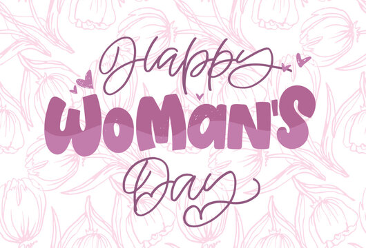 Happy Woman's Day text as celebration badge, tag, icon. Text card invitation, template. Festivity background. 100% vector file