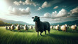 Singular Focus in a Flock.
A standout black sheep in a field, amidst a flock under dramatic skies.