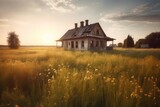 Fototapeta  - Old house meadow. Greenery and famous grass with alone building blue sky. Generate AI