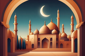 Wall Mural - Digital illustration of a mosque on a descent night, Ramadan, crescent moon, mosque, generative AI