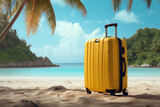 Fototapeta Mapy - A yellow suitcase on a sandy beach by the sea. Summer concept, travel, seaside holidays. 
