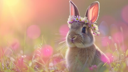 Wall Mural - Adorable Rabbit Wearing a Meadow Flower Crown on Bokeh Background. A Delightful and Whimsical Scene For Easter Bunny Festival Celebrate.