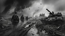 Historic Battle Scene With Tank Cannon And Soldiers, Vintage War Photo, Generative AI