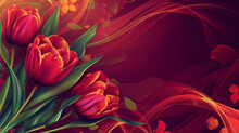 Happy Mother’s Day, Valentine Day Or Women’s Day Greeting Card With A Bouquet Of Beautiful Red Tulips On A Red Background And Copy Space For Your Text