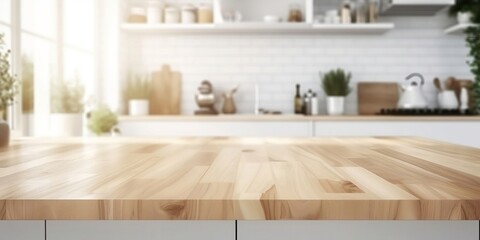 Wooden light empty table top in modern white kitchen, kitchen panel in interior. Template showcase scene for advertising products. Generative AI technology.