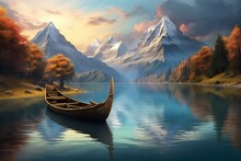 Fantasy Landscape With A Wooden Boat In The Lake And Mountains