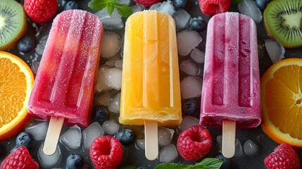 Wall Mural - Fresh fruit popsicles on a white table. fruit popsicles, kiwi, strawberry, orange. Sweet desert background.