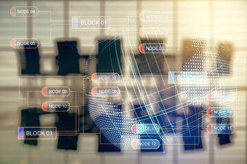 Wall Mural - double exposure of abstract creative programming illustration and world map on a modern boardroom ba