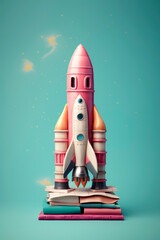 a rocket blasting off from a stack of books, vibrant candy pastel colors, on plain background, learn