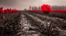 A Single Red Tulip In A Field Of Red Tulips
