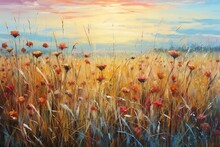 Sunset Over A Wheat Field With Poppies And Cornflowers