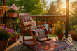 © MNStudio - Cozy wooden terrace with rustic furniture, soft colorful pillows and blankets, rocking chair and flower pots. Charming sunny evening in summer garden.
