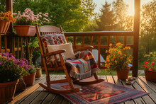 Cozy Wooden Terrace With Rustic Furniture, Soft Colorful Pillows And Blankets, Rocking Chair And Flower Pots. Charming Sunny Evening In Summer Garden.