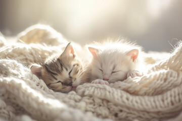 Two cute fluffy white and grey kittens sleeping in soft cozy blanket on sunny day.