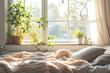Cozy home bedroom interior with bed, soft blankets and pillows, big windows and house plants on sunny spring day. Spring home decor. Easter.