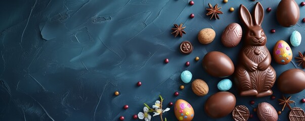 Wall Mural - Chocolate Easter bunny for children with different small sweets nearby for Easter celebration day, banner with copy space