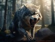 Angry wolf roaring in the forest