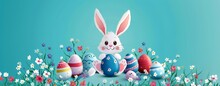 Happy Easter Greeting Card With Cute White Bunny, Colourful Eggs, Welcome Spring Season With Rabbit. Animal Wildlife Holiday Cartoon Character, Banner Design With Copy Space