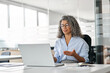 © insta_photos - Middle aged busy business woman having hybrid meeting working in office. Senior mature female leader executive, hr manager communicating by conference call, remote online job interview on laptop.