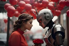 Girl And Robot Humanoid In Love Valentine
