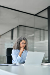 Busy older middle aged professional business woman, mature hr manager, senior lady executive leader using computer technology in modern office working looking at laptop sitting at desk. Vertical.