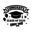 Vector illustration of Class of 2024 with graduation cap, diploma scroll, balloons and stars on white background. Academic black hat with a tassel and a university diploma with quote Class of 2024.