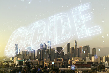 Wall Mural - code word hologram on los angeles skyscrapers background, artificial intelligence and neural network