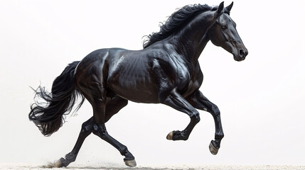 galloping shiny black andalusian stallion isolated on white background.