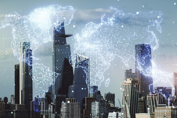 Wall Mural - multi exposure of abstract graphic world map on manhattan cityscape background, big data and network