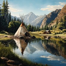 Two Teepees In A Serene Landscape By A Tranquil Lake
