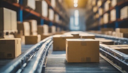 multiple cardboard box packages seamlessly moving along a conveyor belt in a warehouse