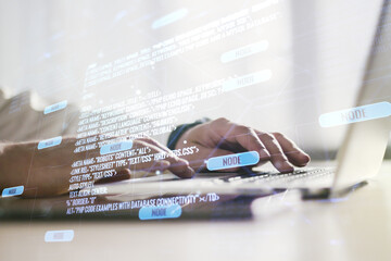 Wall Mural - multi exposure of abstract software development hologram and hands typing on computer keyboard on ba