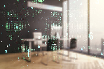 Wall Mural - double exposure of abstract creative programming illustration with world map and modern desk with co