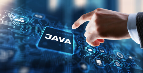 Businessman clicks Java programming language application concept on virtual screen