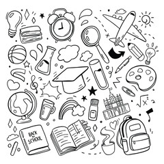 Wall Mural - Back to school doodle on white background. school supplies element. vector illustration.