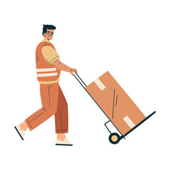 Wall Mural - Logistics Service Man Worker Character in Orange Uniform Push Trolley Vector Illustration